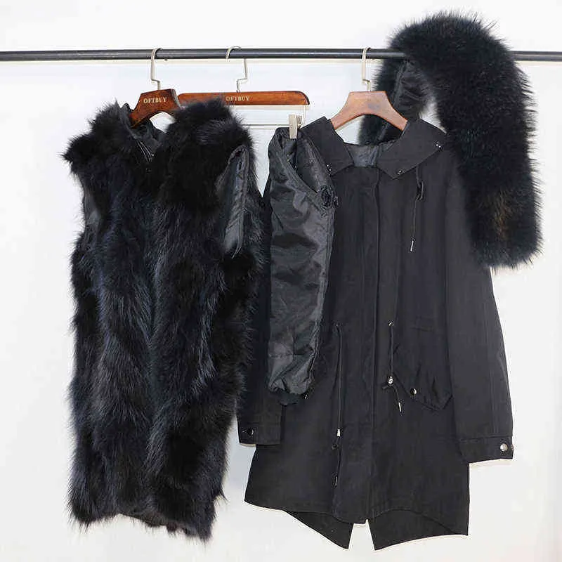 Real Fur Coat Winter Jacket Women Long Parka Waterproof Big Natural Raccoon Fur Collar Hood Thick Warm Real Fur Liner 211110