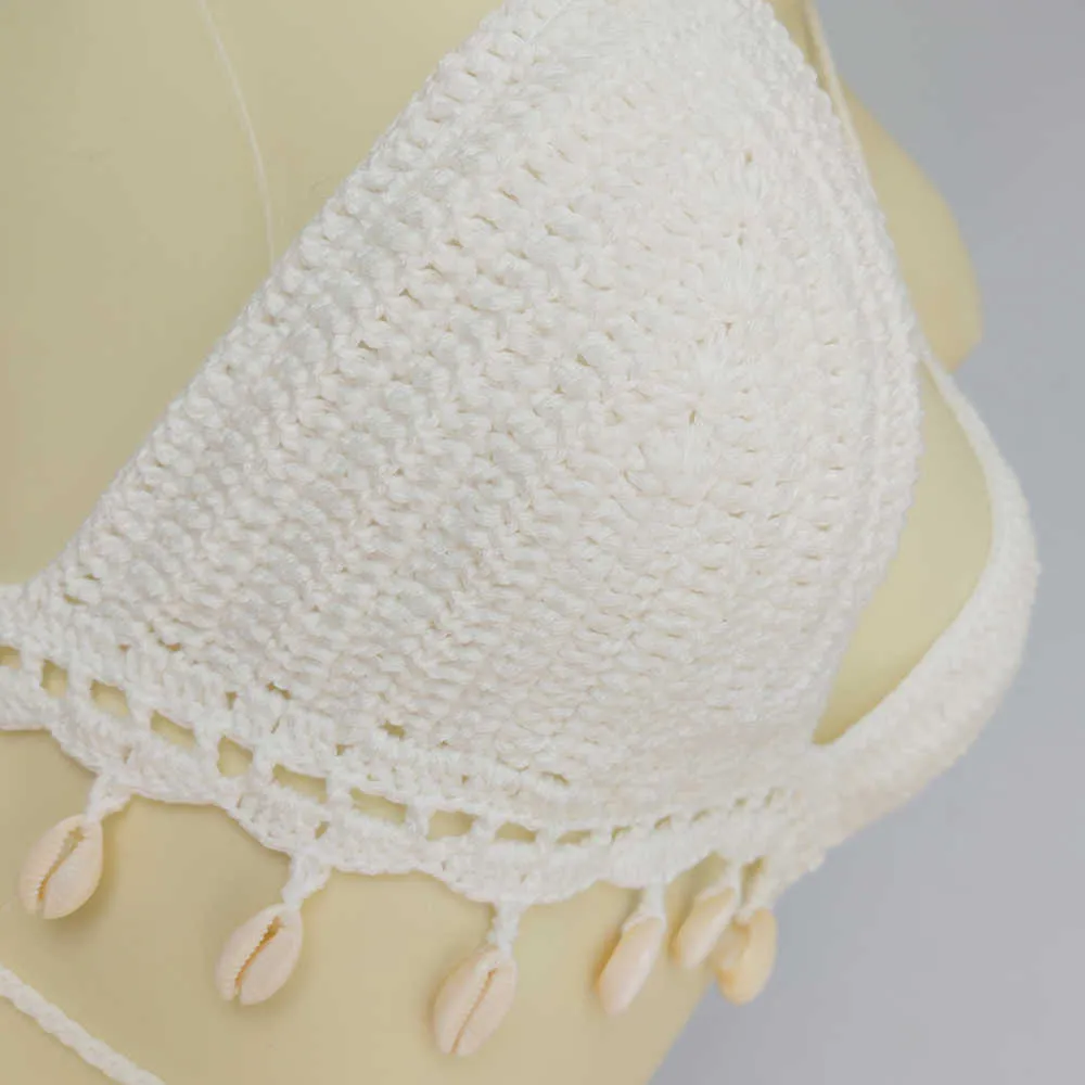 conjunto de biquíni mulher crochet shell tassel top e seashell cadeia de tornozelo sexy praia saia lace ver através magro mini 210621