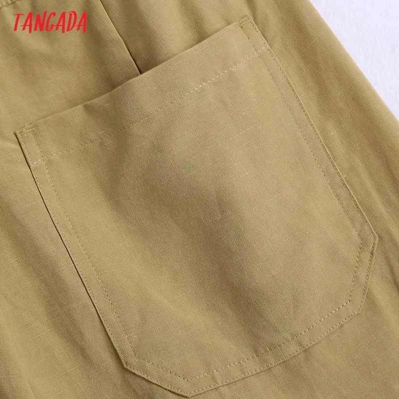 Tangada Mode Frauen Khaki Anzug Hosen Hosen Taschen Knöpfe Büro Dame Hosen Pantalon BE809 210609