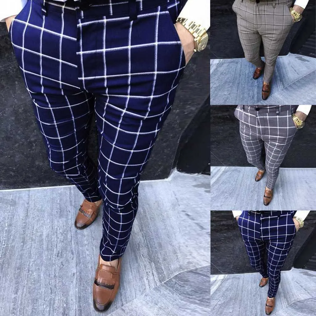 Casual Pants Fashion Plaid Print Zipper Pants Men Joggers 2020 Mens Straight Business Slim Fit Pants Men Trousers Plus Size 2021 X0615