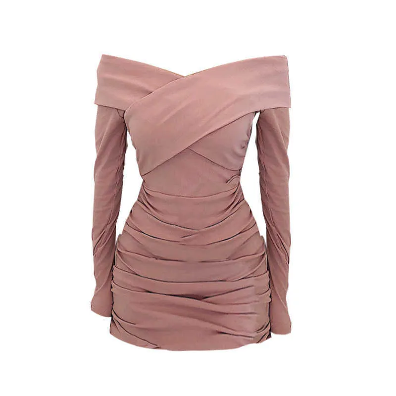 WOMENGAGA Sexy Strapless Cross Pleated Tight Hip Full Sleeve Fold Mini Dress Pencil Womens Autumn Girl Female Dresses SXYF 210603