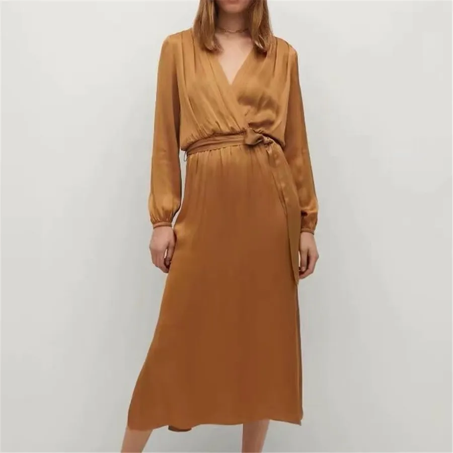 Elegante vrouwen effen v-hals jurken mode dames zachte losse satijnen jurk oorzakelijke vrouwelijke chique sjerpen asymmetrische vestidos 210427