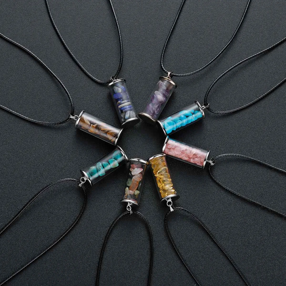 Chakra Healing Crystal Wishing Bottle Pendants Necklace for Womens Girls Tumbled Rock Wicca Tumble Stone Wish Reiki Energy269M