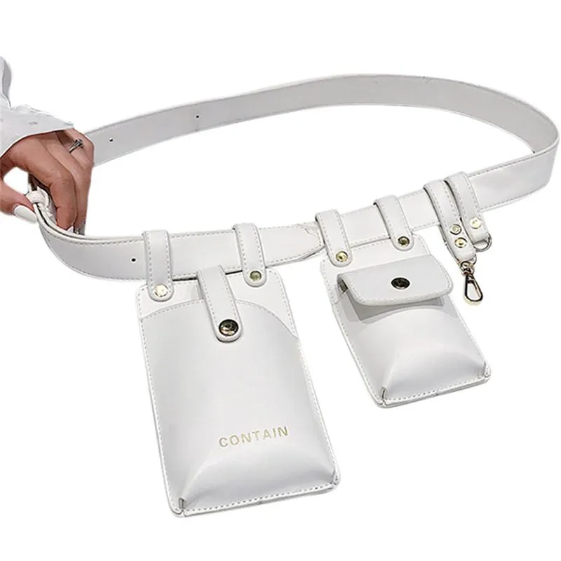 Punkstijl Dual Pouch Women Belt Bag Keychain PU Lederen Taille Tassen Fashion Fanny Pack Letter Print Design Stylish208H