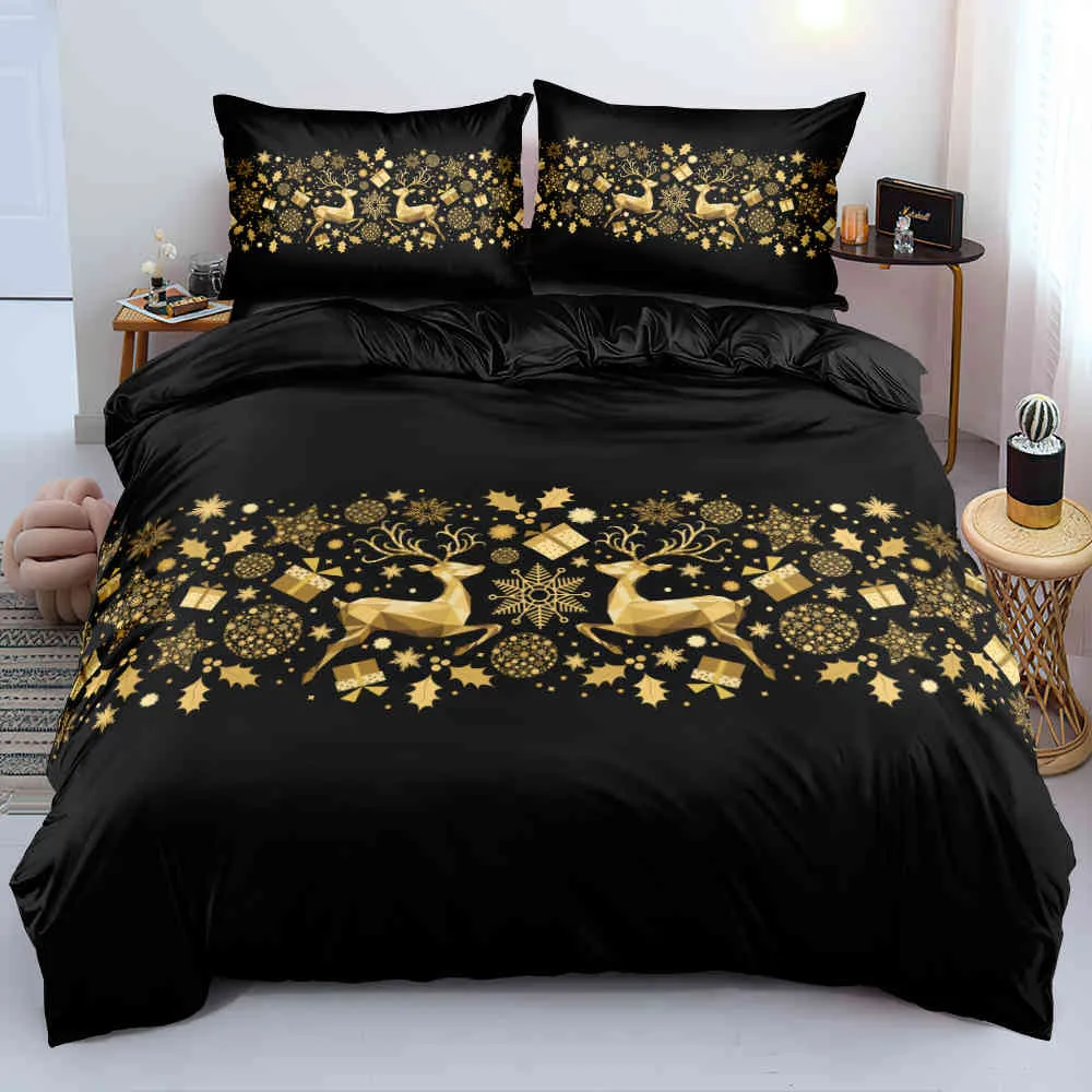 3D Gold Deer Merry Christmas Biancheria da letto Set di biancheria da letto Design Custom Copripiumino / Trapunta / Copripiumino King Queen Full Twin size