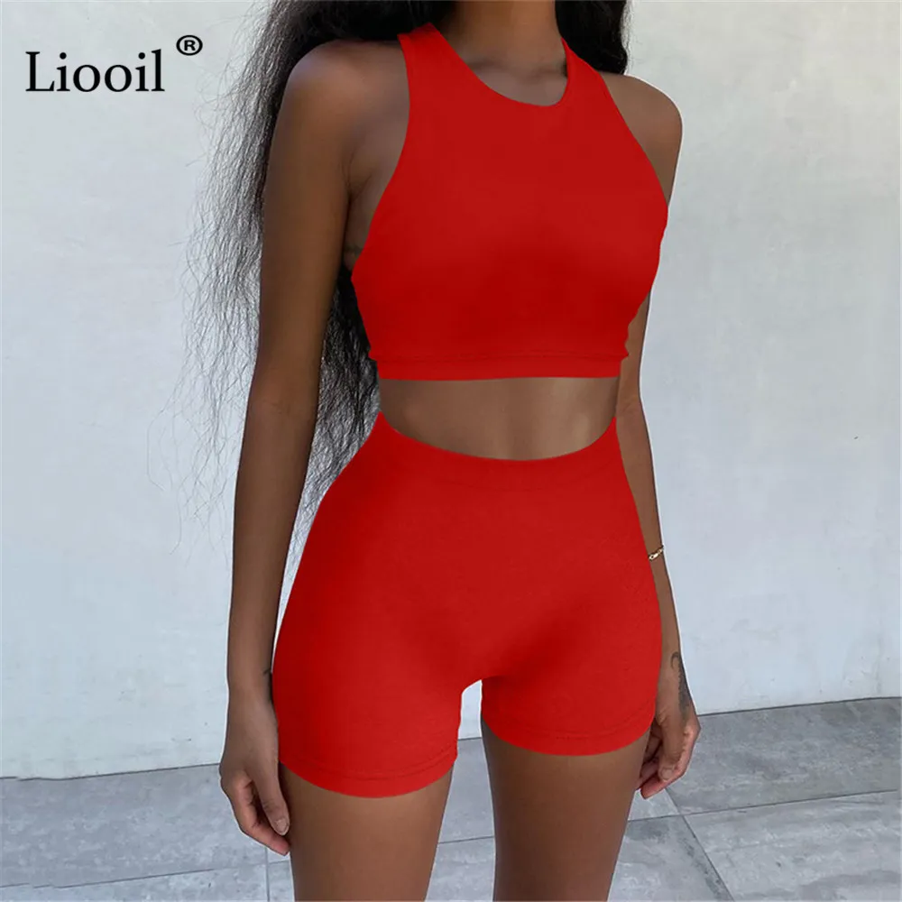 Liooil Two Piece Tight Outfits Set Sexy Tank Tops And Shorts 2021 Sleeve O Neck Women Tracksuits Jogger Suit Black Red Sets X0428