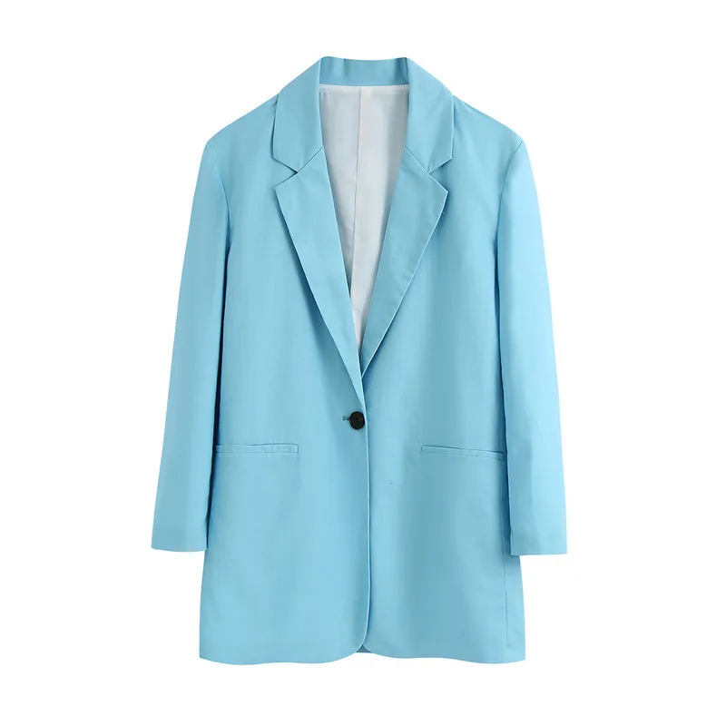 Elegante blaue Langarm-Frauen-Blazer-Einzelknopf-Büro-Damen-Mantel-beiläufige Streetwear-weibliche Outwear-Oberteile 210430