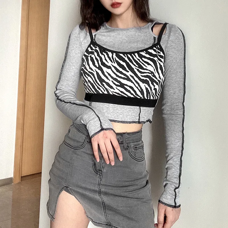 Kimutomo Frauen T-shirts Frühling Herbst Mode Weibliche Oansatz Gefälschte Zwei Stück Zebra Muster Patchwork Off Schulter Kurze Tops 210521