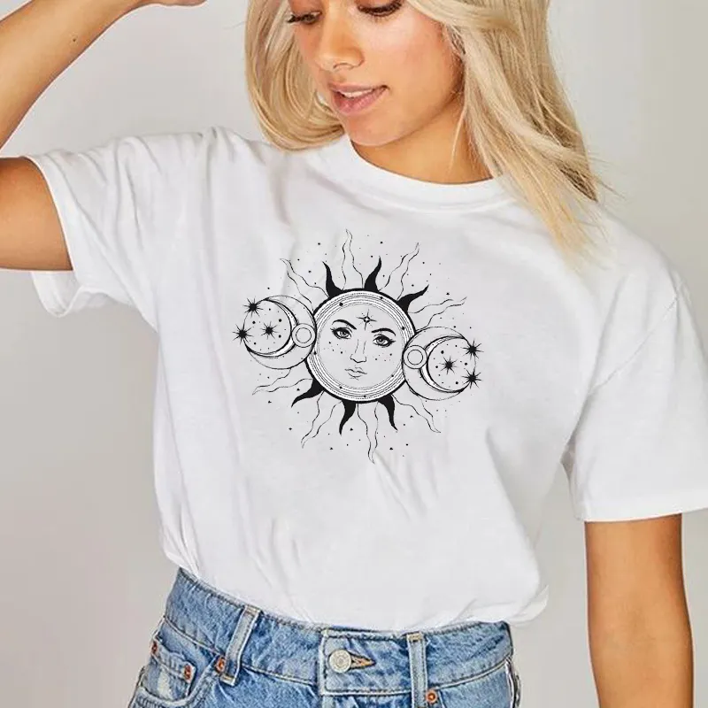 Sol och måne kvinnor mode kortärmad sol grafisk tee casual rolig tryckt gotisk punk t-shirt toppar 210518