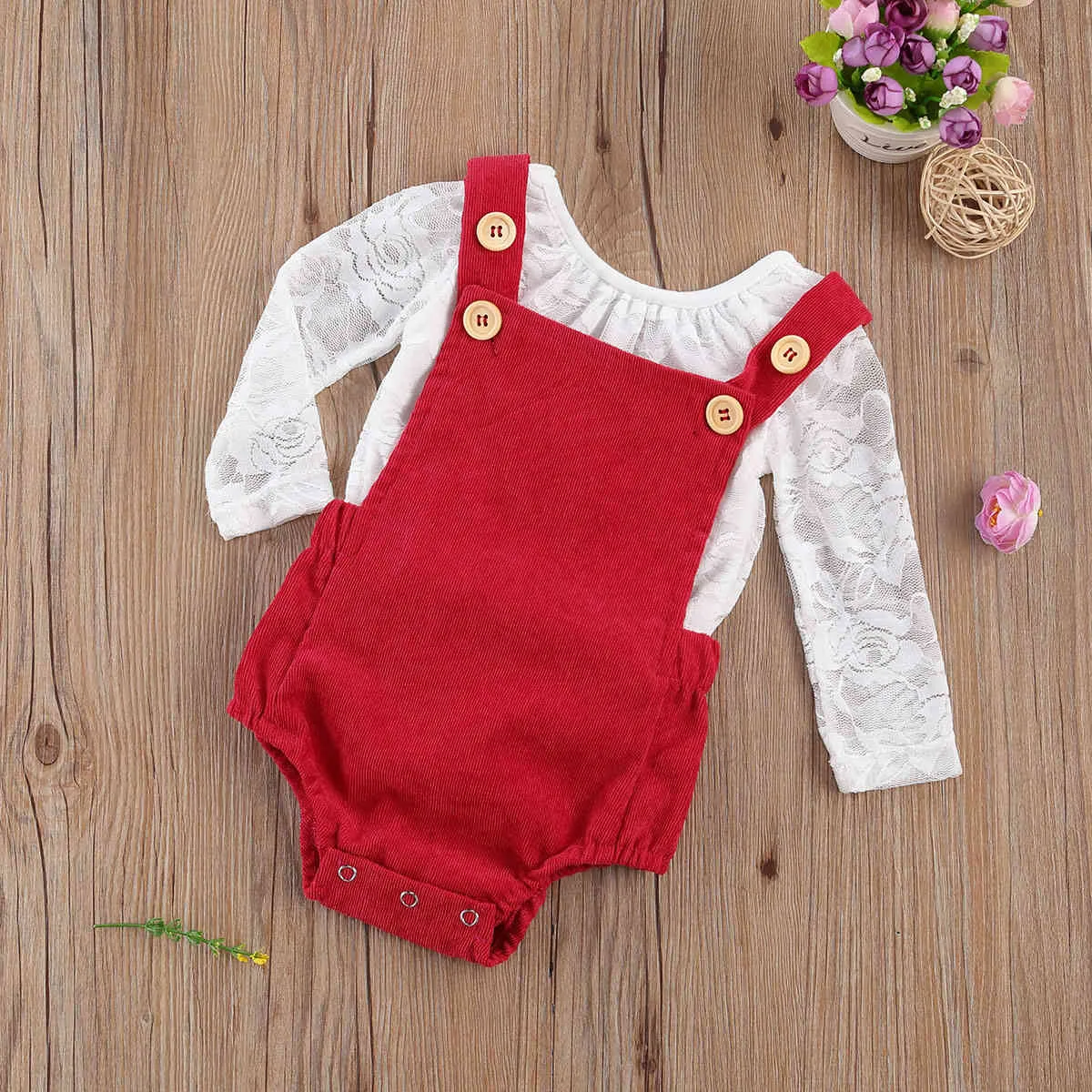 0-18M Christmas Infant born Baby Girl Clothes Set White Lace Romper Red Corduroy Overall Outfits Autumn BABY Clothing 210515