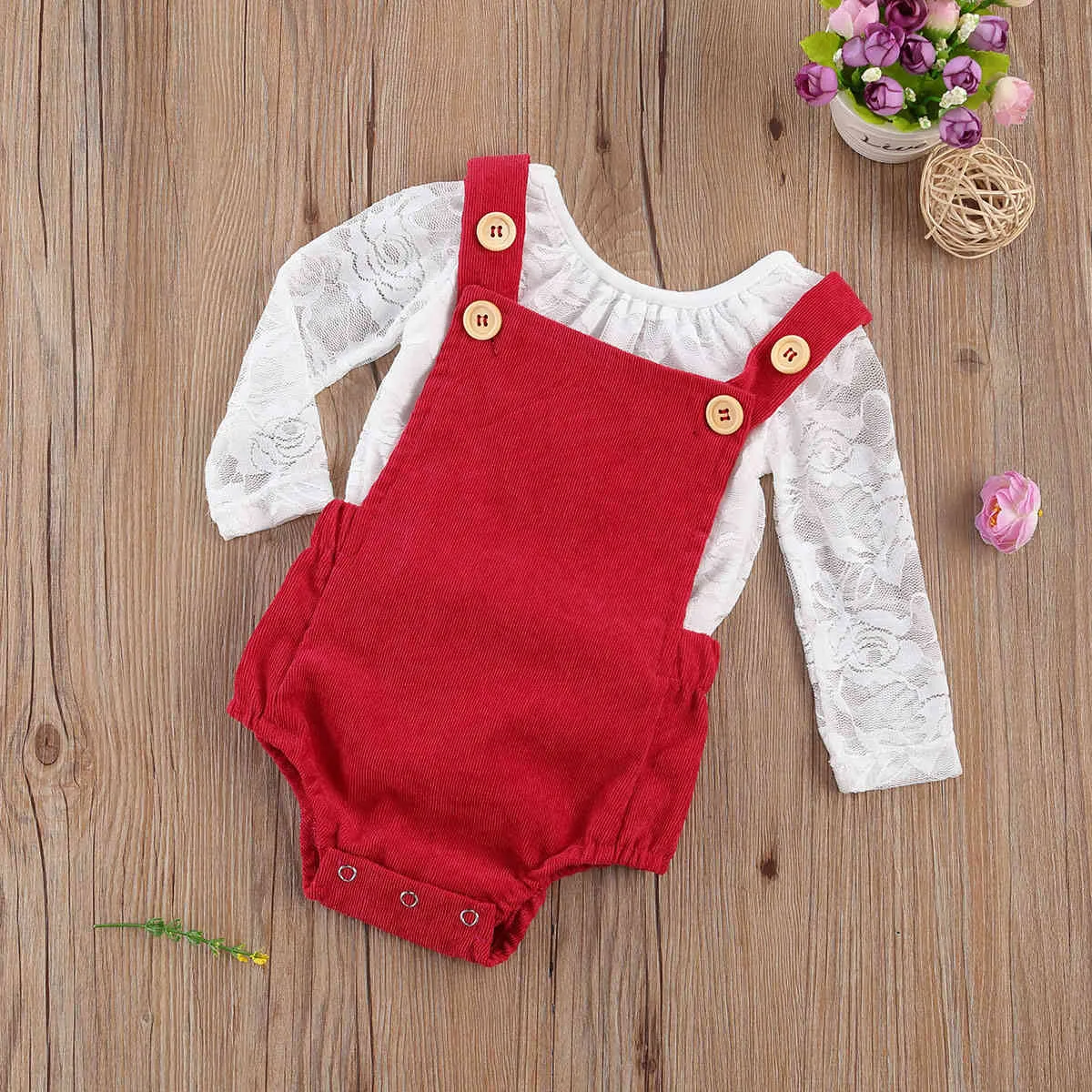 0-18Mクリスマス幼児生まれの赤ちゃん女の子服セットホワイトレースロンパル赤いCorduroy全体の衣服秋の赤ん坊の服210515