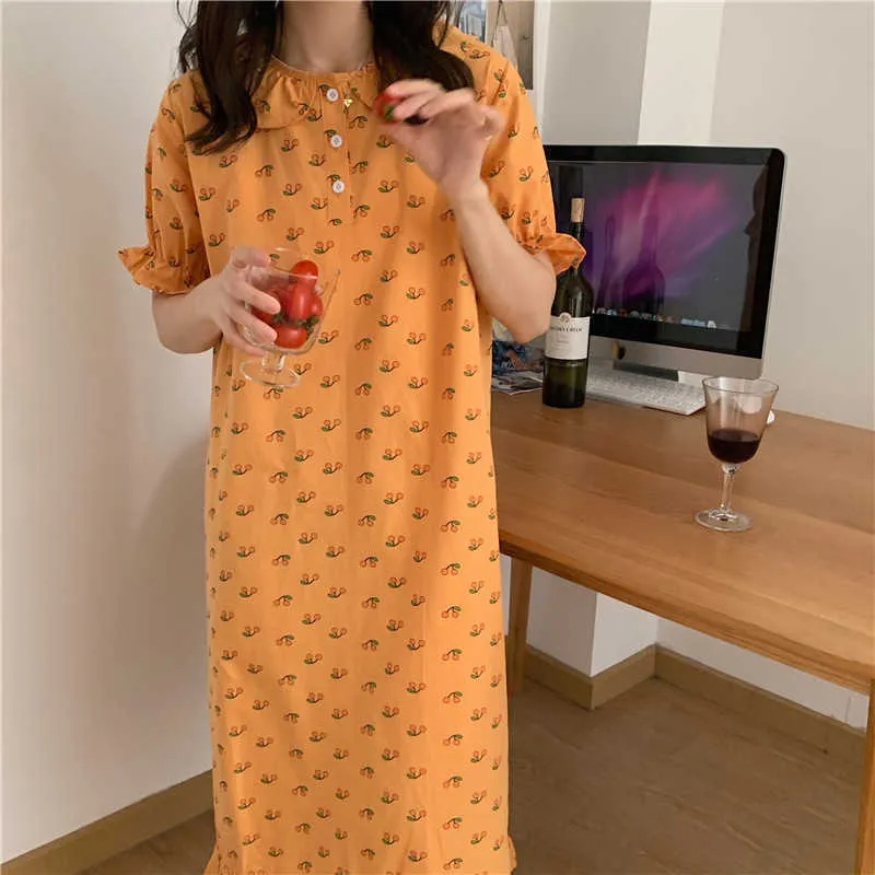 Sommar tryckta korta ärmar bomull söt homerwear lös nattdräkt pyjamas romantik florals söt mild klänning 210525