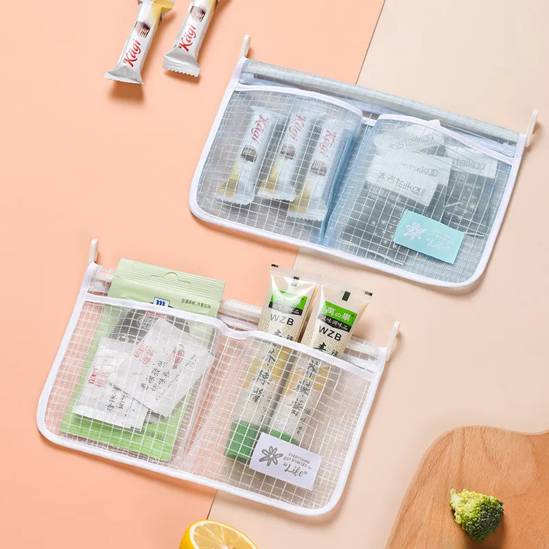 1/Refrigerator Storage Mesh Bag Portable Seasoning Food Snacks Net Bag Double Compartment Hanging Bag Kitchen Accessories