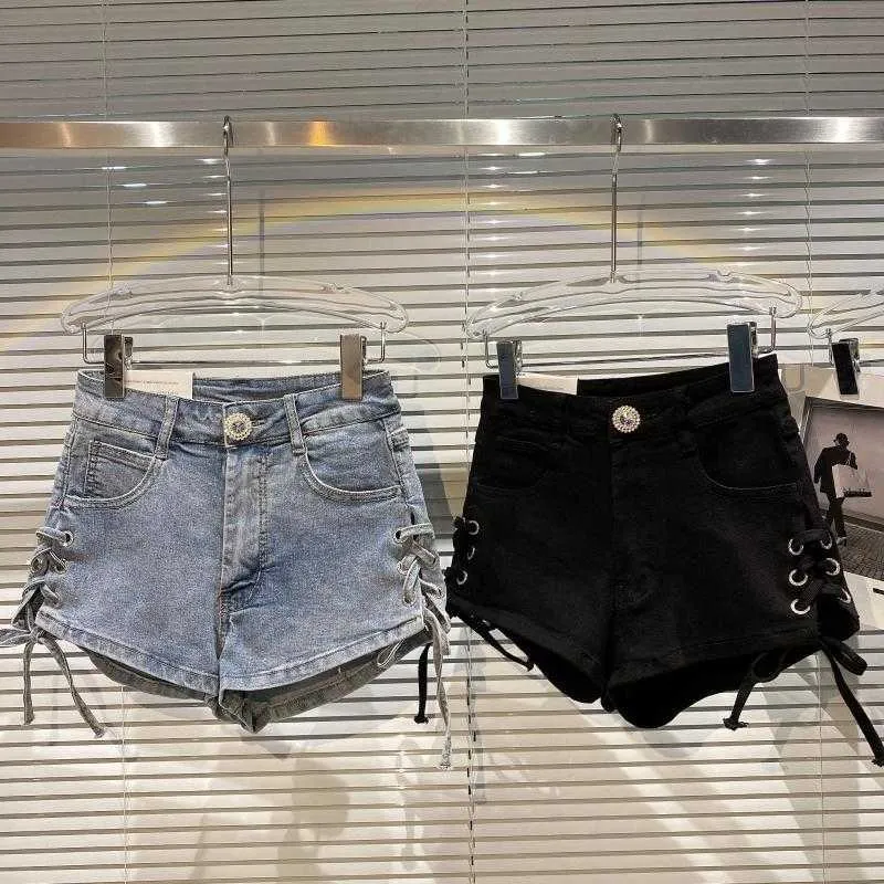 DEAT SUMMER Fashion Women Clothes High midje Shorts DrawString Slim Elastic Denim Soild Color S WR56801L 210709