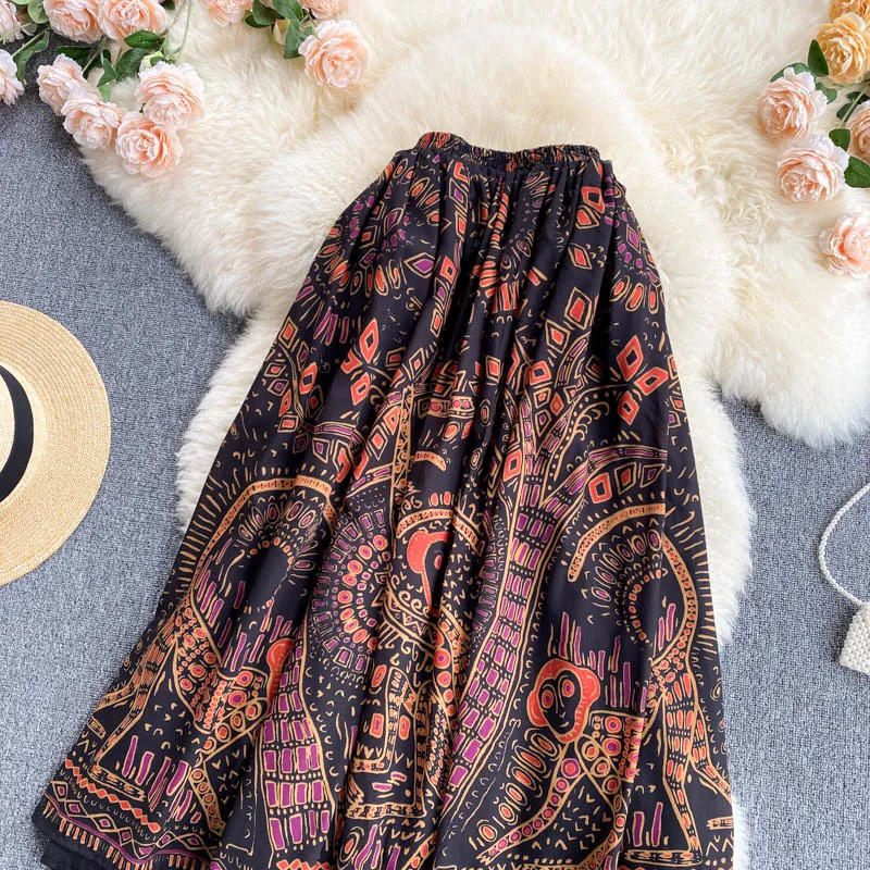 Retro Ethnic Print Spódnica Wysoka talia Odchudzanie średniej długości wakacje Wszystkie mecz Kobiet Letnia Dress GK708 210507