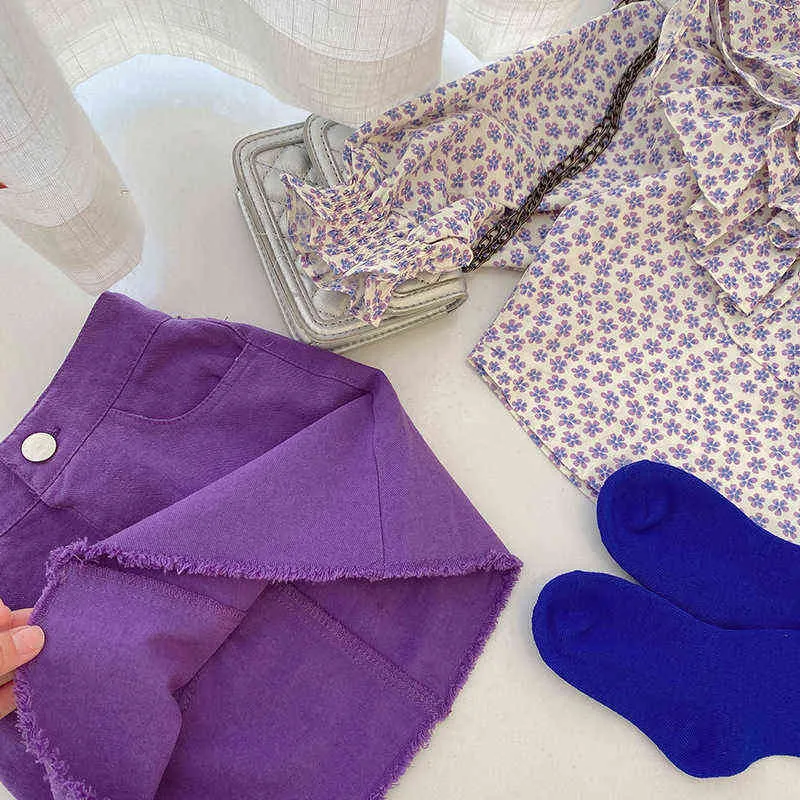 Летняя детская одежда Корейский модный цветок лотос листьев воротник шерсть маленькая девочка одежда набор фиолетовых детей наряды G220310