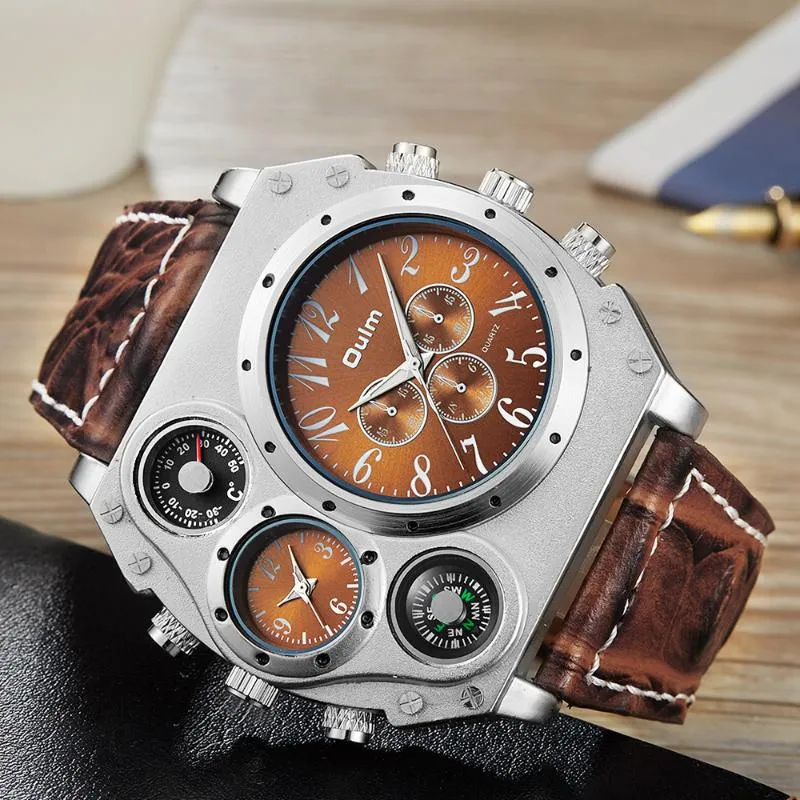 Relojes de pulsera Hombres militares creativos Relojes de cuarzo Función Dial grande Correa de cuero impermeable Reloj masculino Brújula Termómetro Decora268R