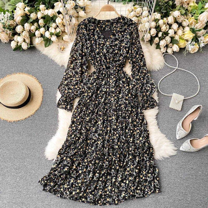 Primavera Outono Verde / Azul / Bege / Preto Flor Impresso Drapejado Midi Dress Mulheres Elegante V-Neck Elegante Flare Manga Longa Casual Vestidos Novo Y0603