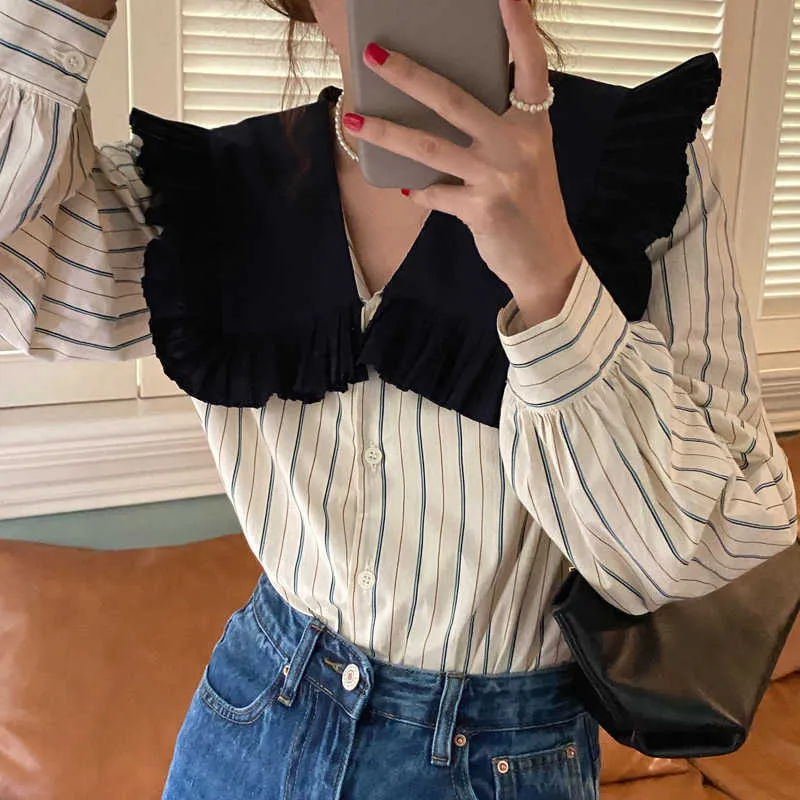 Elegance Fashion Retro Office Lady Striped Long Sleeves Sweet Girls Shirts Femme Casual Tops Clothe 210525