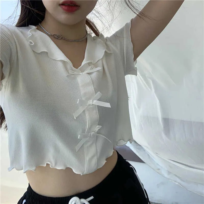 T-shirt women's fashion design minority short style auricular edge bow Pink Short Sleeve Top summer 210529