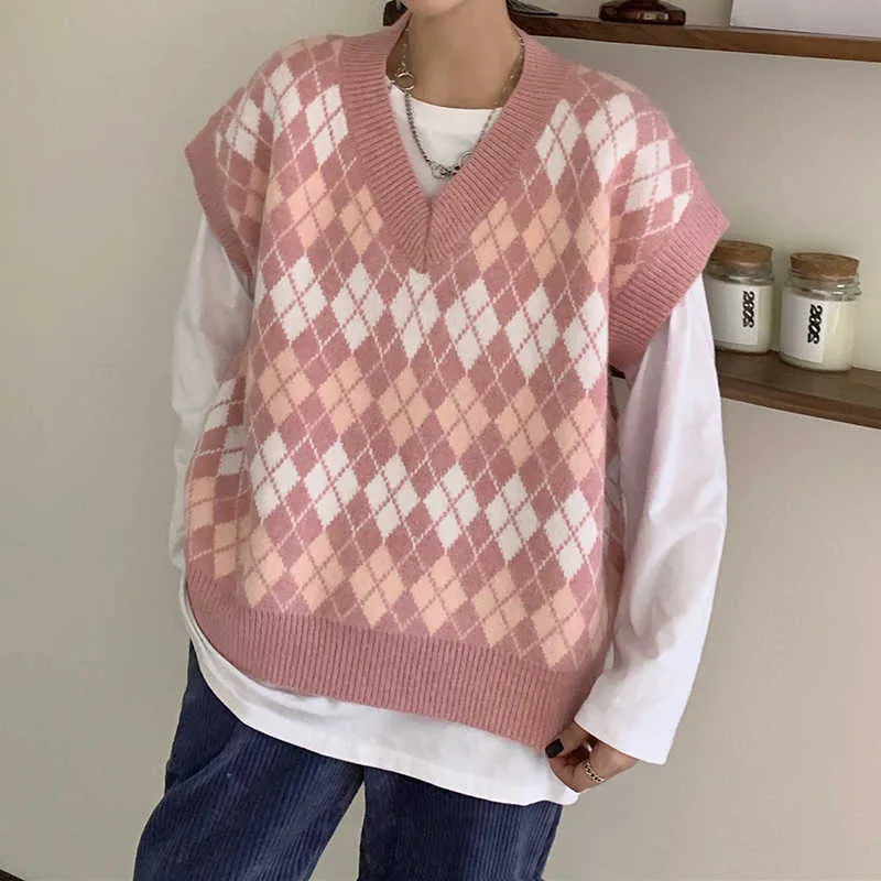 Ladies Cardigans Long Sleeve Knitted Argyle Sweater Women Korean Pink Vest Sweaters Female Jumpers Cardigan Jacket with Buttons 210914