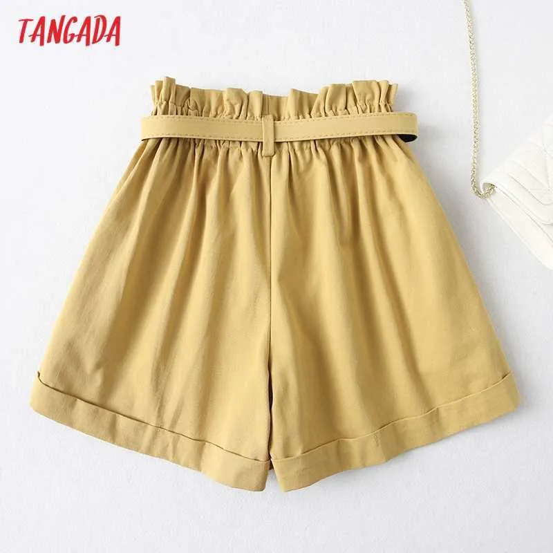 Tangada femmes élégant solide taille haute Shorts avec ceinture poches femme rétro basique décontracté pantalons YU24 210719