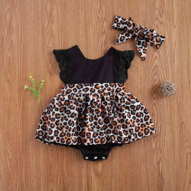 Pudcoco Newborn Baby Girl Clothes Splicing Leopard Print O-Collo Backless Lace Ruffle Pagliaccetto Tuta Fascia 2 pezzi Abiti Set G1221