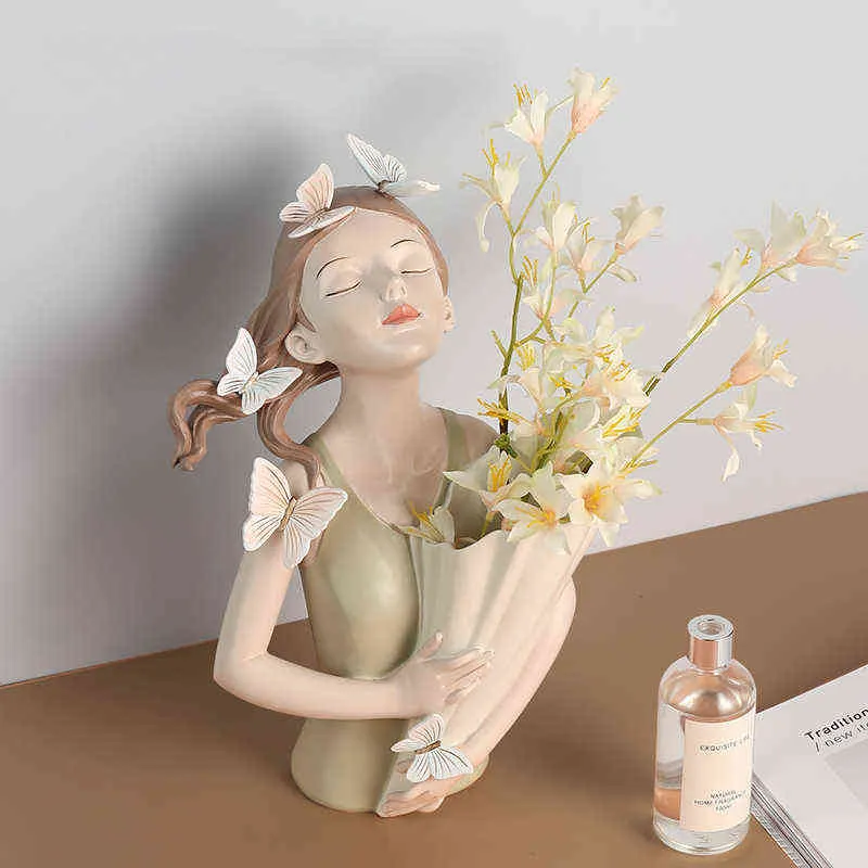 NORTHEUINS Butterfly Girl Resin Sculpture Character Model Vase Modern Storage Statues Home Living Room Desktop Decor Accessories 211108