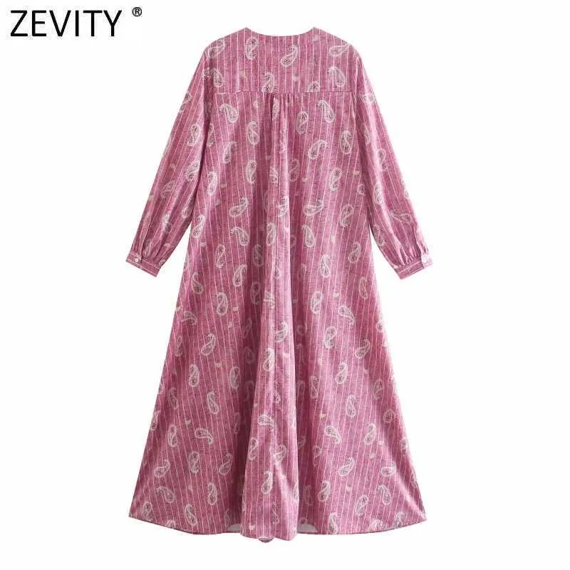 Zevidade Mulheres Vintage Paisley Impressão listrada Casual Midi Dress Feminino Plisses V Neck Nuts Vestido Chic Kimono Vestidos DS8389 210603