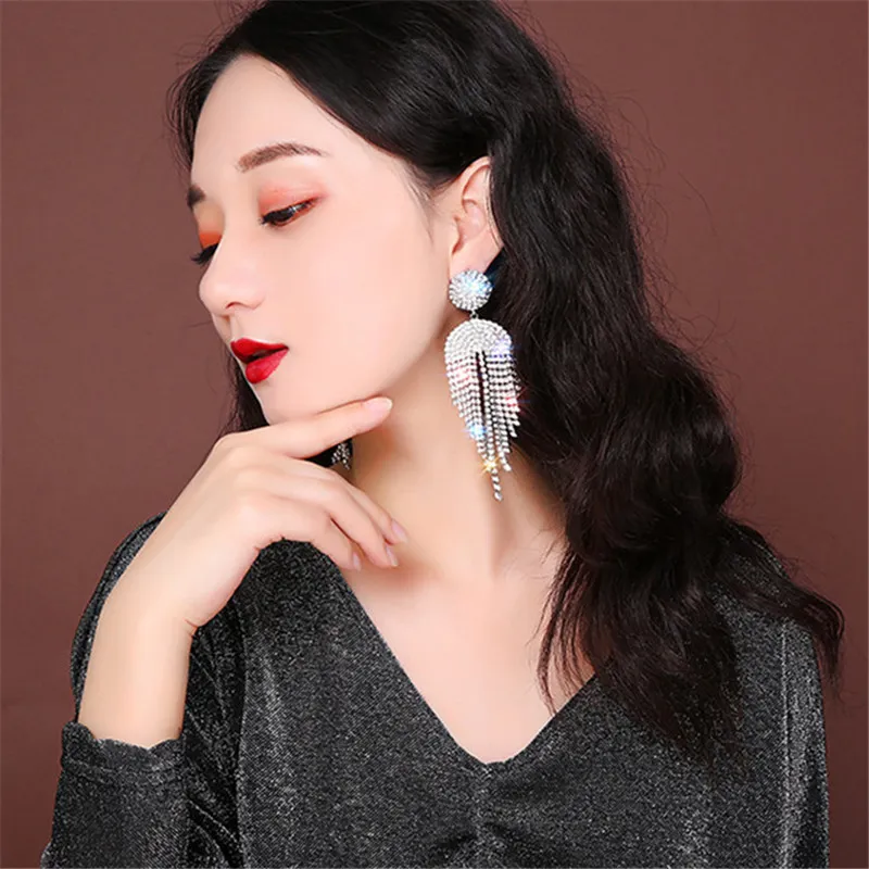 Long tofs kristall droppe örhängen för kvinnor bijoux geometriska fulla rhinestone örhängen uttalande smycken gåvor