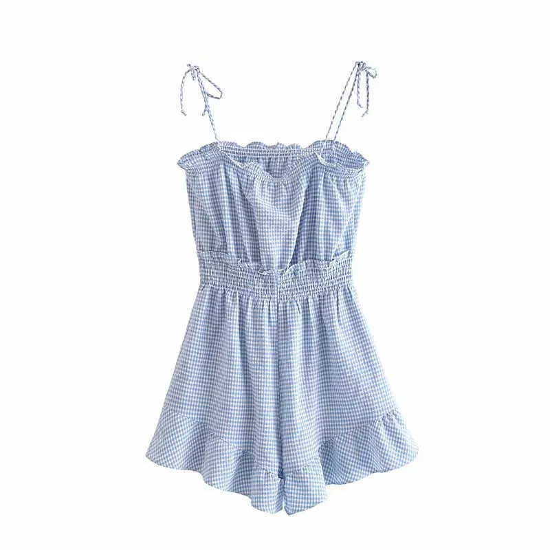 Za Summer Plaid Blue Short Jumpsuit Women Sleeveless Elastic Waist Ruffle Playsuit Female Fashion Pleated Straps Jumpsuits 210602