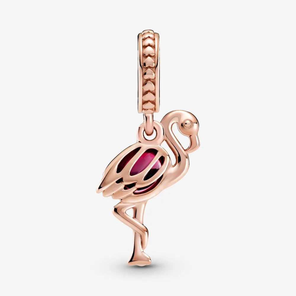 100% Plata de Ley 925 Rosa Murano Glass Flamingo Dangle Charm Fit Original European Charms Pulsera Moda Boda Egagement J265i