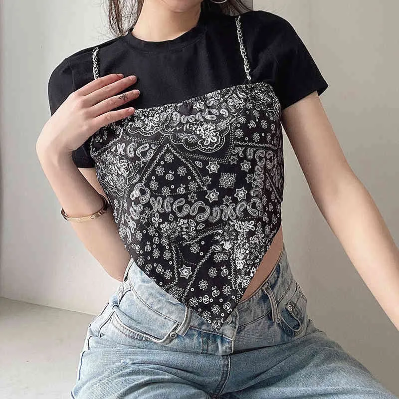 Printed Patched Fake Kawaii Y2K T-shirt z krótkim rękawem Kobiet Letni Stretch Crop Top Black Koszula Tee Streetwear 210510