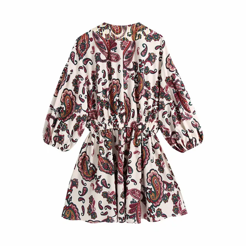 PUWD Süße Frauen Weiche Baumwolle V-Ausschnitt Kleid Frühling-Herbst Mode Damen Chinesischen Stil Weiblich Gemustert Mini 210522