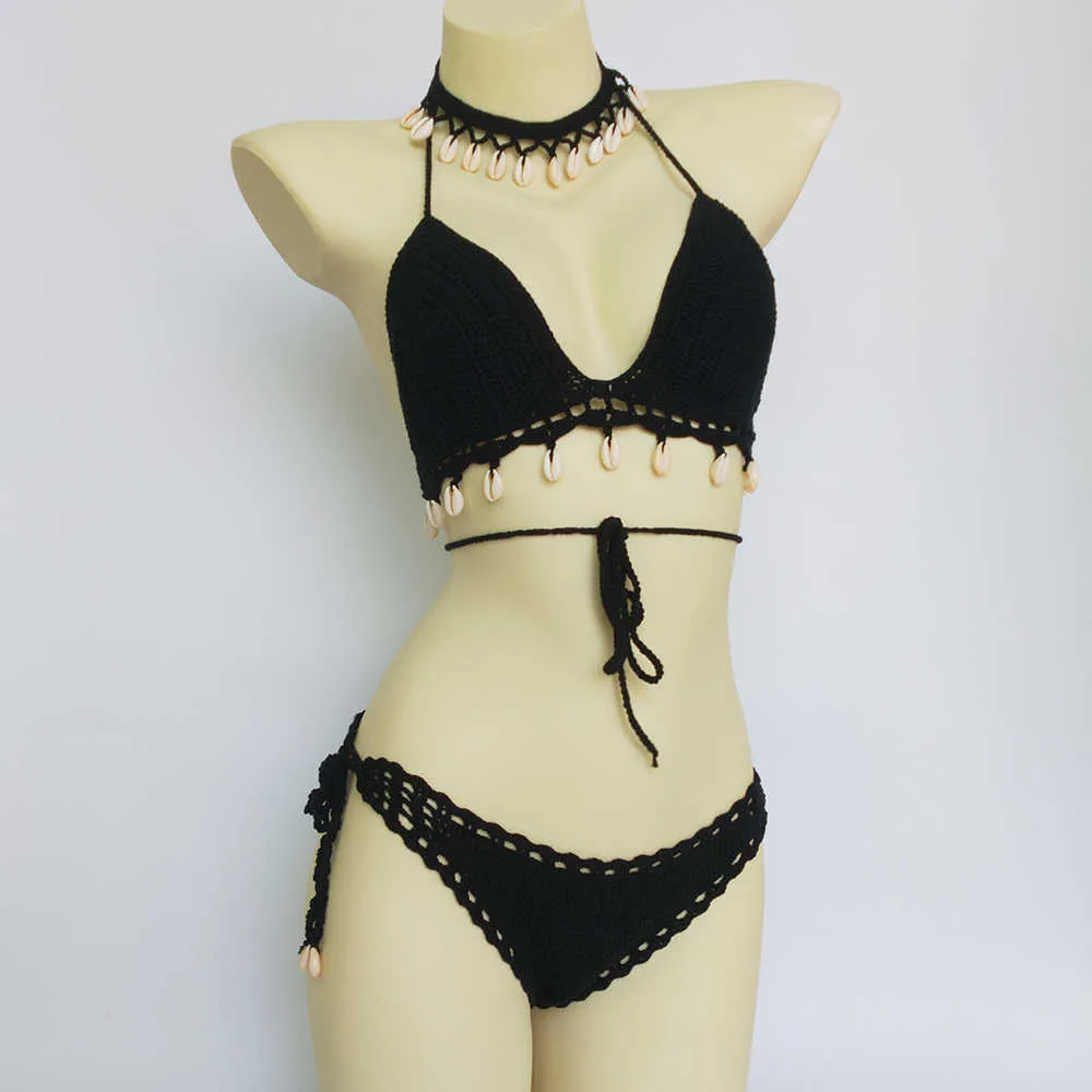 Bikini Set Femme Crochet Shell Gland Top et Seashell Cheville Chaîne Sexy String Creux-Out Taille Basse Bas 210621