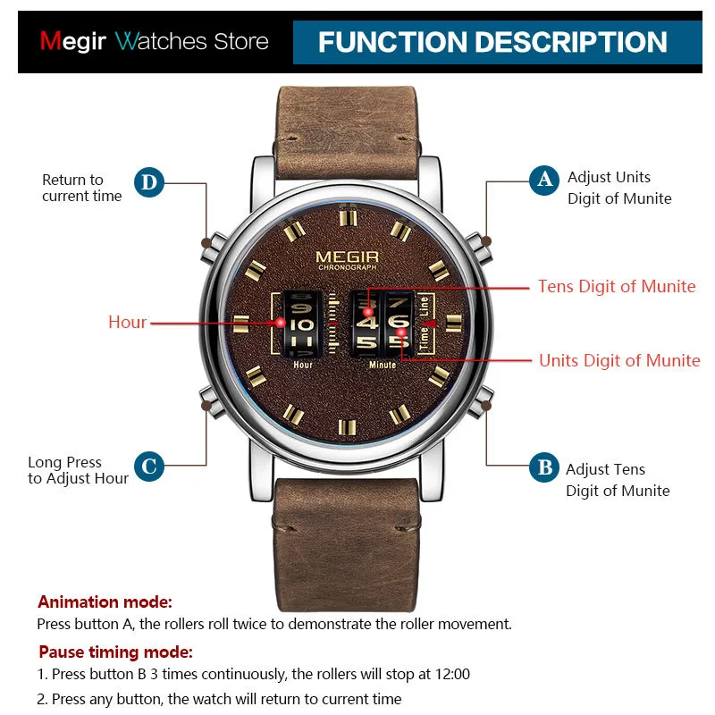 Megir Nieuwe Top Band Horloges Men Militaire Sport Brown Leather Quartz Polshorloge Luxe Drum Roller Relogio Masculino 2137 210329237Z