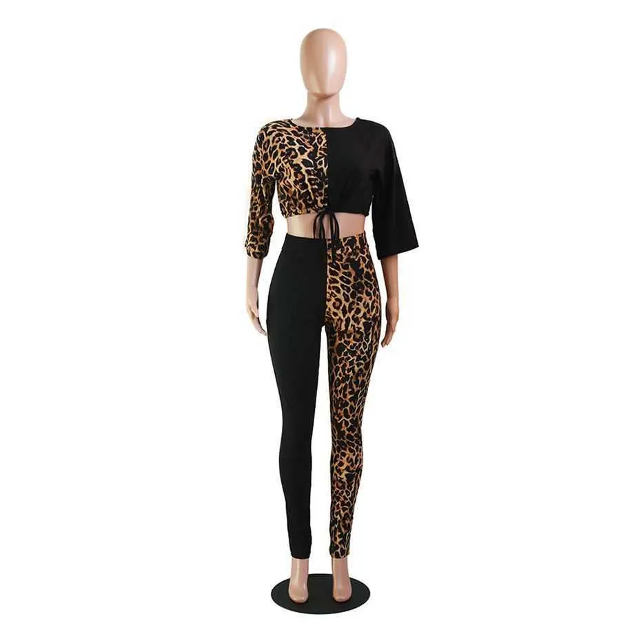 Haoyuan Two Piece Set Tracksuit Women Festival Clothes Leopard Crop Top och Pant Sweat Suits Matching Set Fall Outfits Y0719