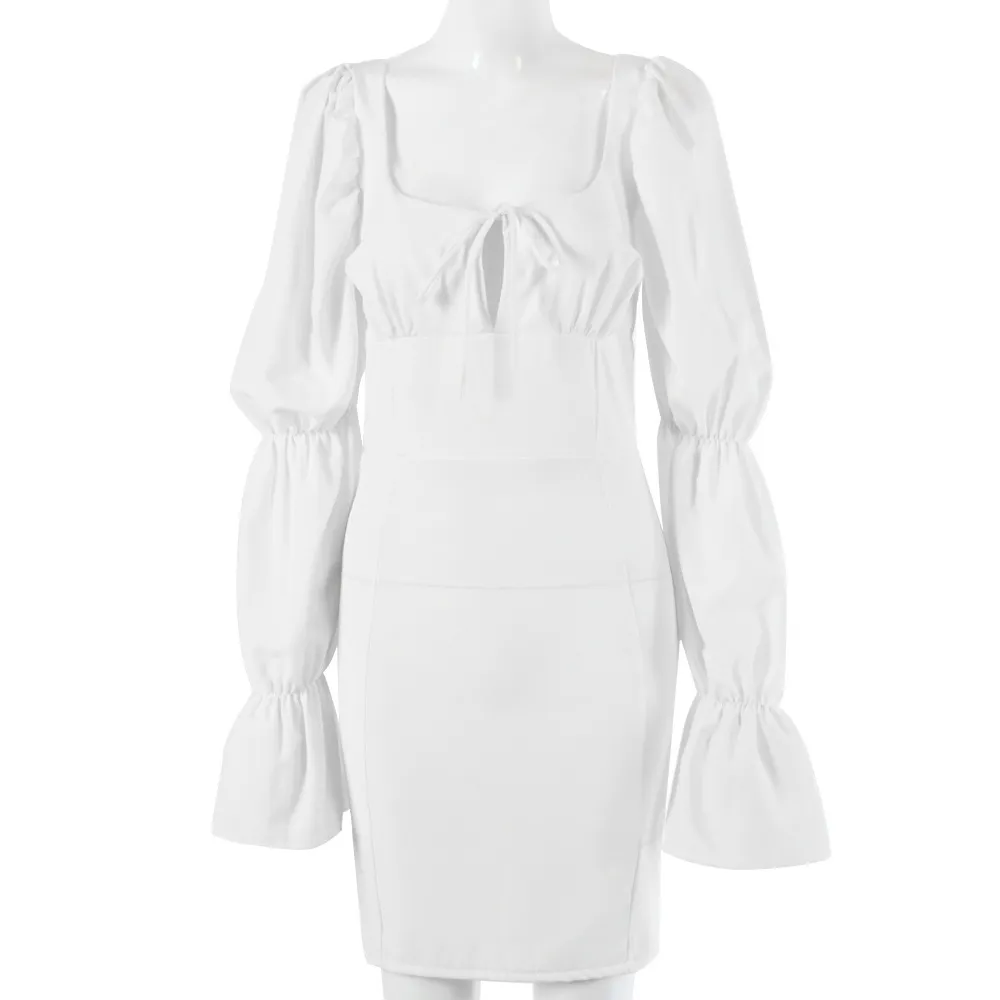 abito elegante bianco solido donna autunno inverno corto con lacci sexy club vestidos de fiesta 210427