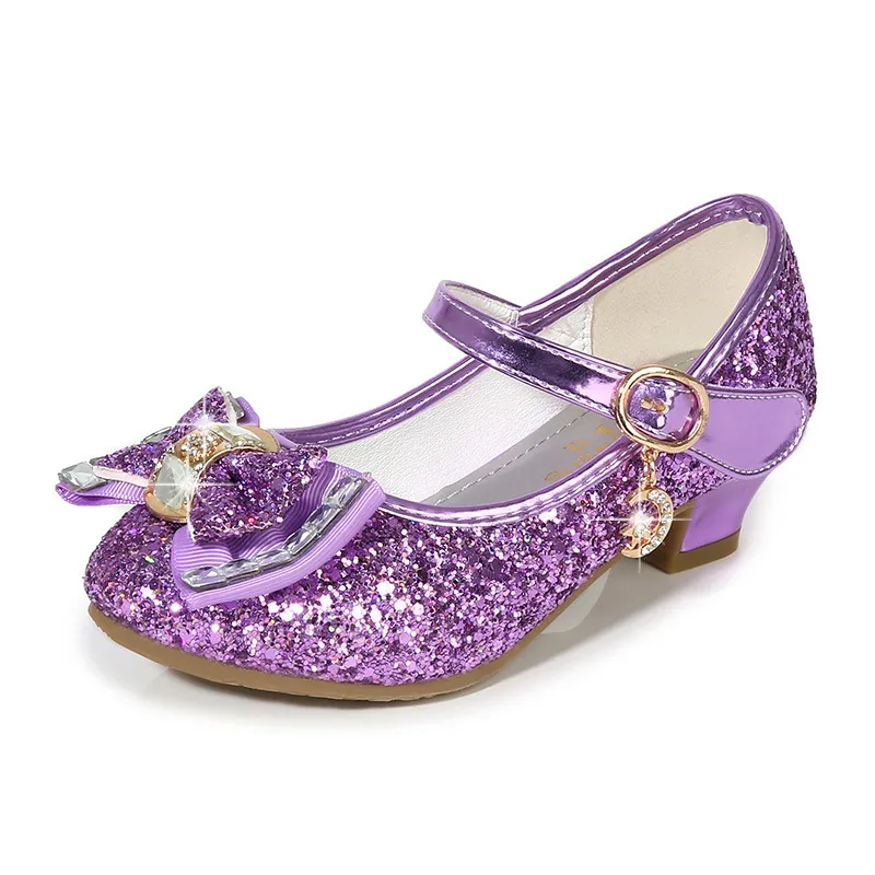 Princesa Niños Zapatos de cuero para niñas Flor Casual Glitter Niños Tacón alto Nudo de mariposa Azul Rosa Plata 220211