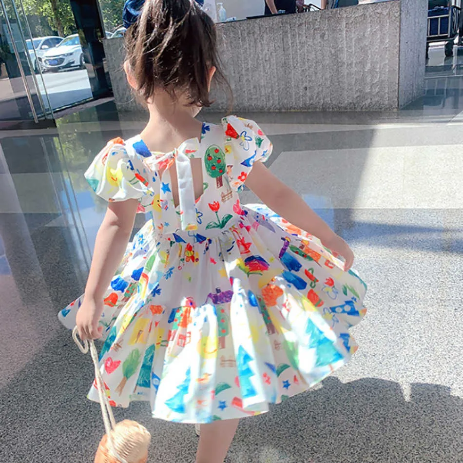 1 2 3 4 5 6 7 8 anni Ragazze Casual Dress Kids Summer Swing Svasato Abiti Bambini Festa di compleanno Costume Ragazze Doodle Vestiti Q0716