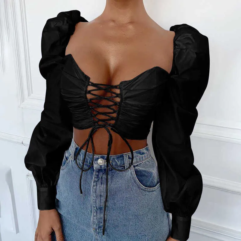 Femmes Sexy Hollow Out Lace Up Crop Top Solide Longue Lanterne Manches T-shirt Automne Dames Casual Chemise Streetwear 210604