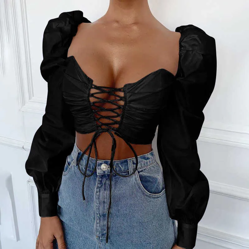 Vrouwen Sexy Hol Lace Up Crop Top Solid Long Lantern Sleeve T-shirt Herfst Dames Casual Shirt Streetwear 210604