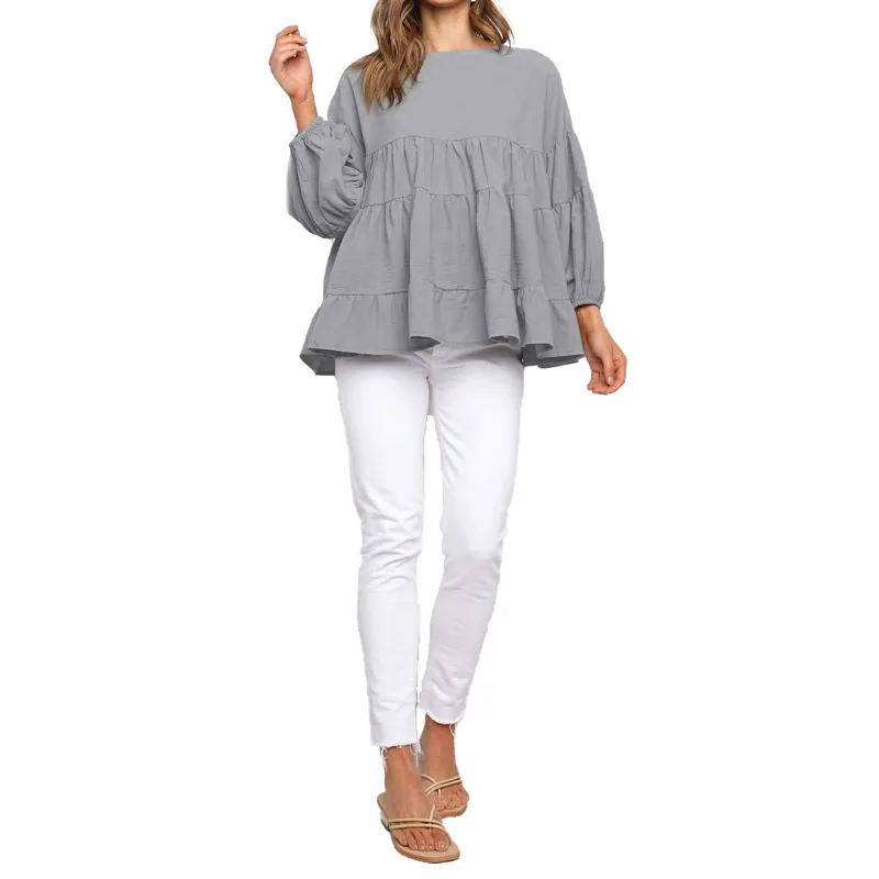Women T-Shirt Female Long Sleeve Round Neck Ruffles Tops Elegant Ladies Solid Color Loose Spring Autumn Clothing 210522