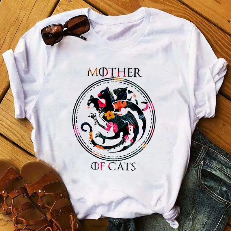 Cat Lover Cool Flower Animal Print Pet T-shirts Kvinnor Kortärmad Tshirt Harajuku Tee Shirts 90s T-shirt Grafiska Toppar Tee X0527