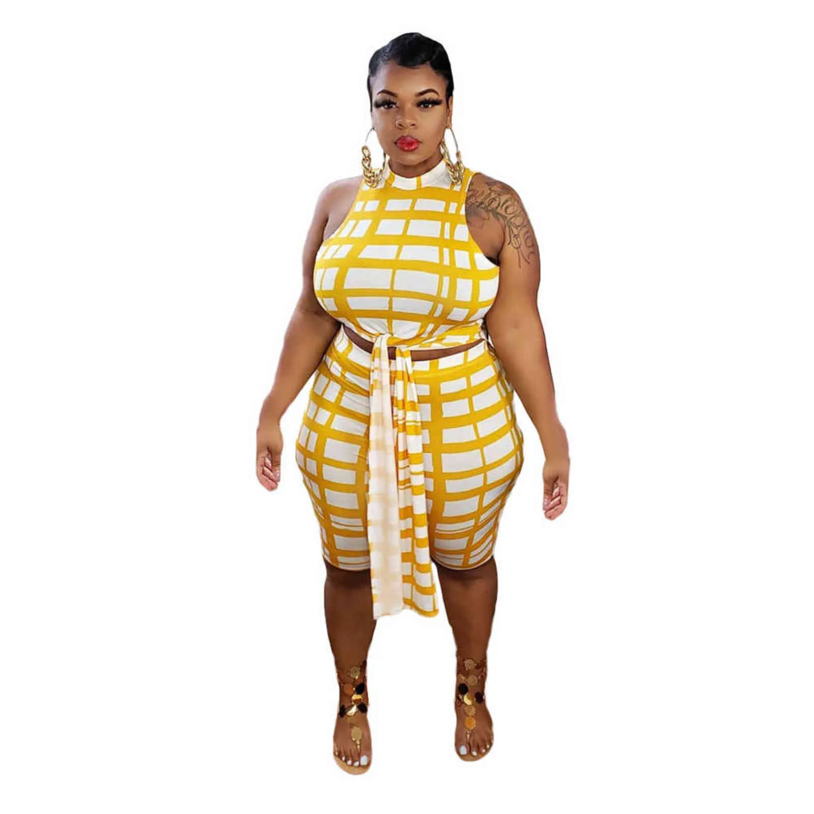 5XL Plus Größe Frauen Kleidung Zwei Stück Set 4XL Mode Lässig Plaid Halb Hohe Kragen Gürtel Outfits Sommer Großhandel drop 211029