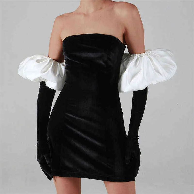 Vrouwen Elegante Puff Sleeve Handschoenen A-lijn Jurk Sexy Strapless Off Slanke Slanke Club Jurk Dame Velvet Black Fashion Party Jurk Y1204