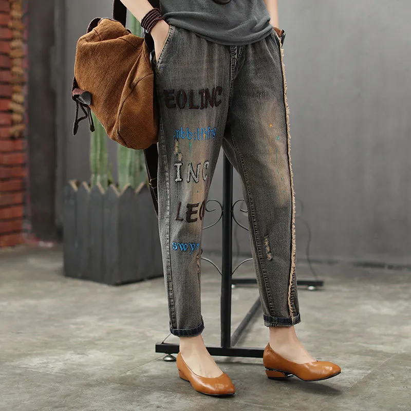 Искусство стиль лоскутная вышивка свободные старинные женщины джинсы дыра дизайн эластичные талии все хлопковые джинсовые дамы гарема брюки D101 210322