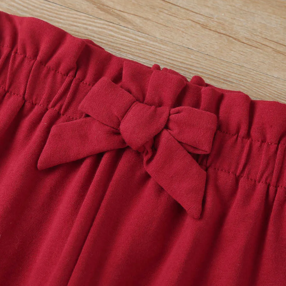 Bambini invernali imposta manica lunga stampa pagliaccetti del fumetto pantaloni rossi con fiocco solido carino 2 pezzi vestiti ragazze 0-2T 210629