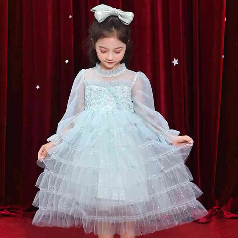 Dress For Girl 2022 Summer Fashion Lace Princess Holidday Kids Long Sleeve Spring Cake Gown Birthday Party 3-8Y 211231