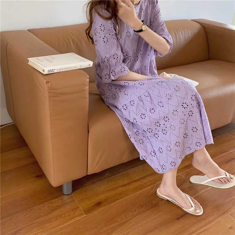 Temperament Vintage Solid Apricot Crochet Hollow Out Lace Dress Women Summer Slim High Waist Purple Korea Chic Fashion Vestidos 210610